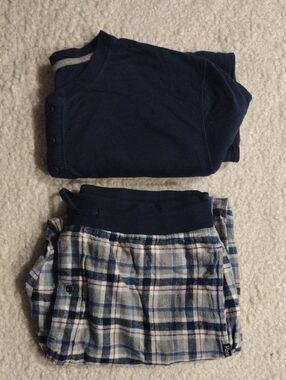 Hanes Size Large Pajama Set Shirt Pants Blue White Plaid Lounge Sleepwear